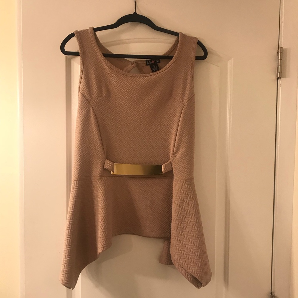 Beige asymmetric top attached gold tone belt